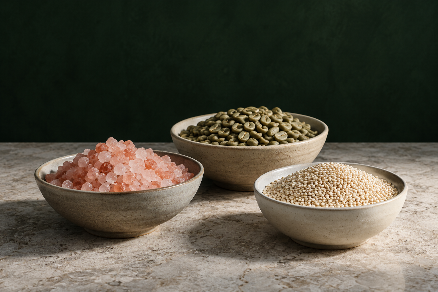 Himalayan pink salt, green coffee beans and quinoa arranged in ceramic bowls